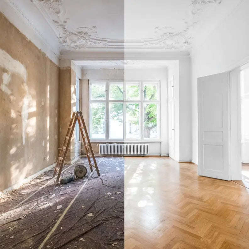 A split-screen before and after comparison of a London home renovation. The left side shows a dusty construction site with bare walls and a ladder, while the right side shows a finished luxury room with white walls, restored ornate ceiling coving, and polished herringbone wood flooring.